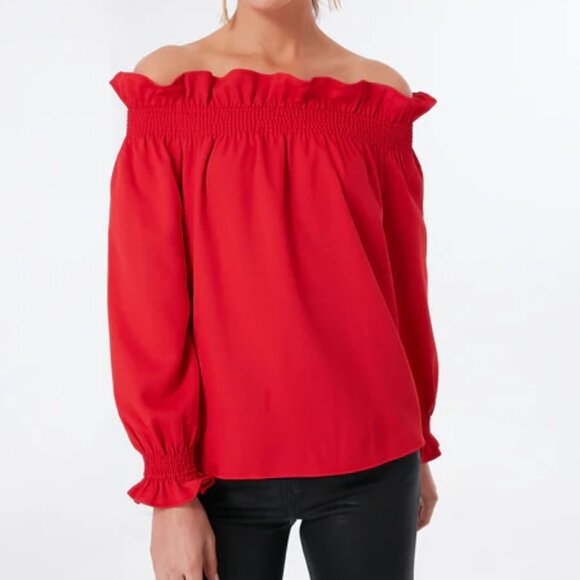 Tuckernuck Marguerite Off The Shoulder Blouse Red Smocked Ruffled Romantic Small - Picture 11 of 12